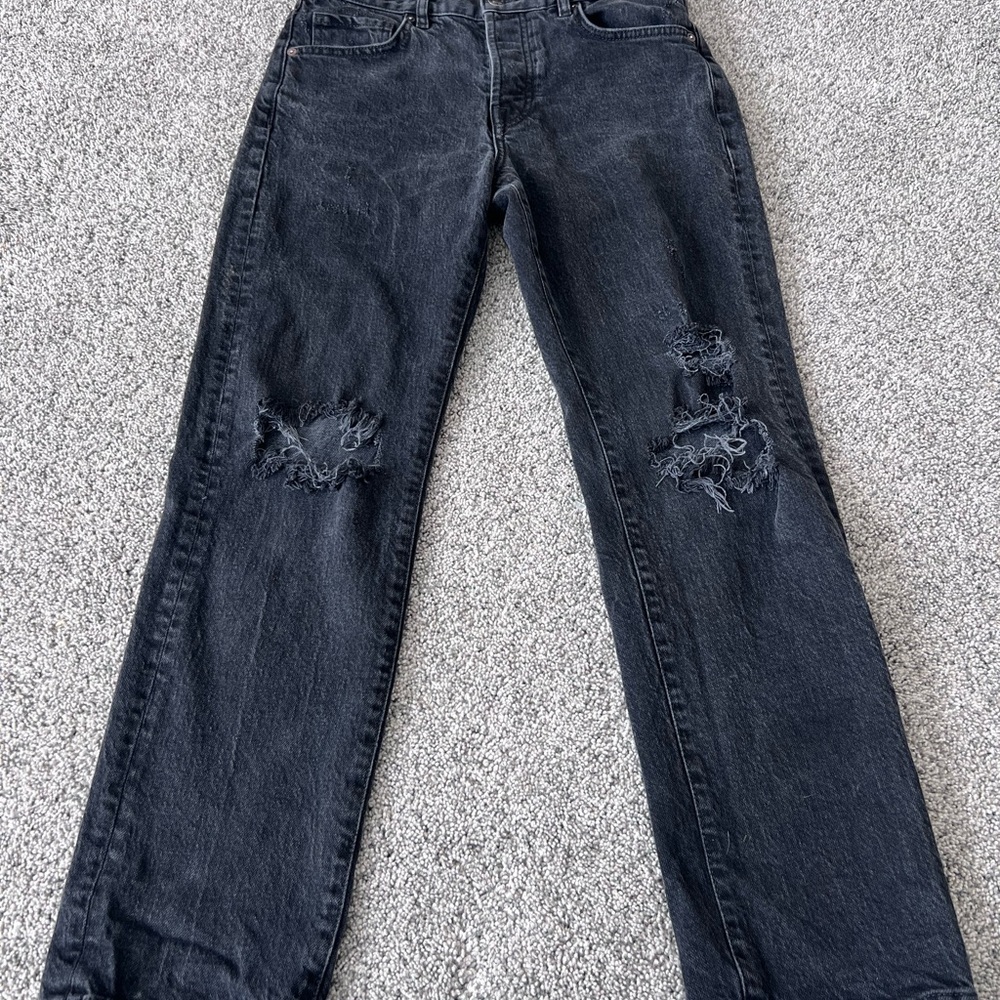 Free People Dark Grey Ripped Distressed Zip Fly Women’s Straight Leg Jeans 27